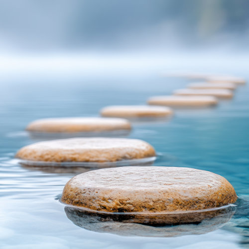 Trittsteine über ruhiges Wasser im Nebel – Symbolbild für schrittweise Traumaverarbeitung